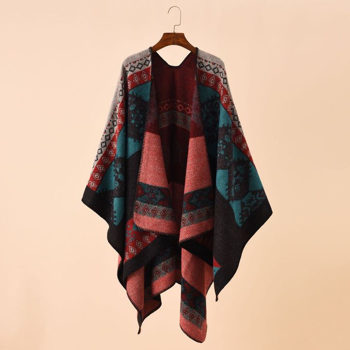 Damen Modischer Poncho mit kunstvollem Muster und fransigen Kanten Drune
