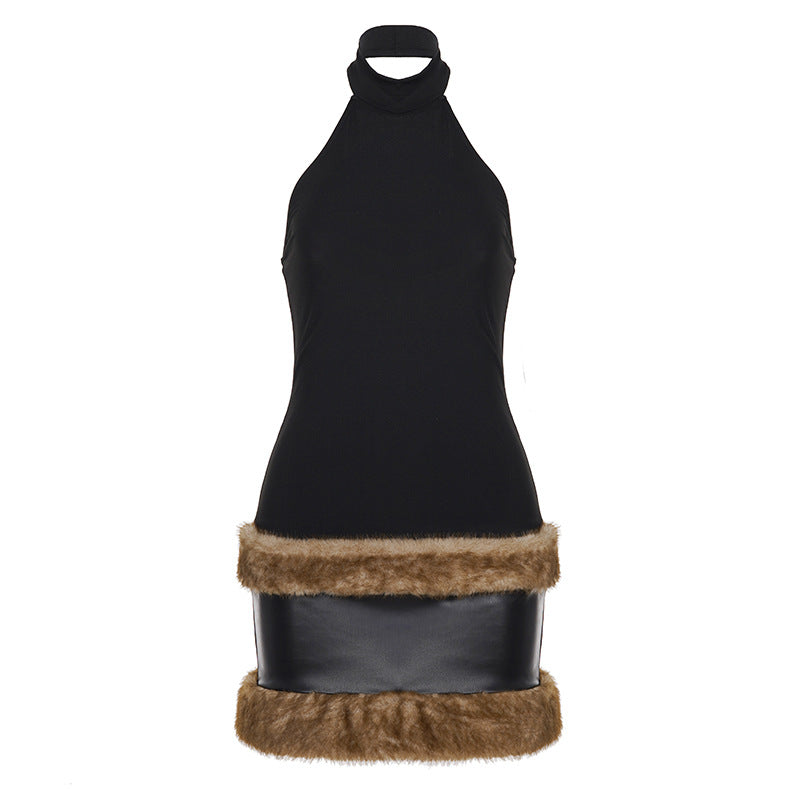 Damen Halterneck-Kleid mit elegantem Kunstfellabschluss Drune