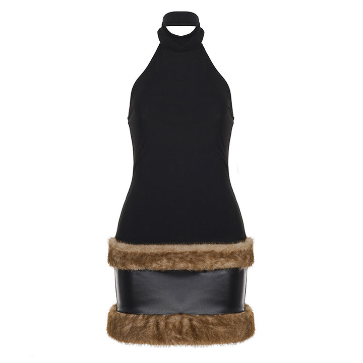 Damen Halterneck-Kleid mit elegantem Kunstfellabschluss Drune
