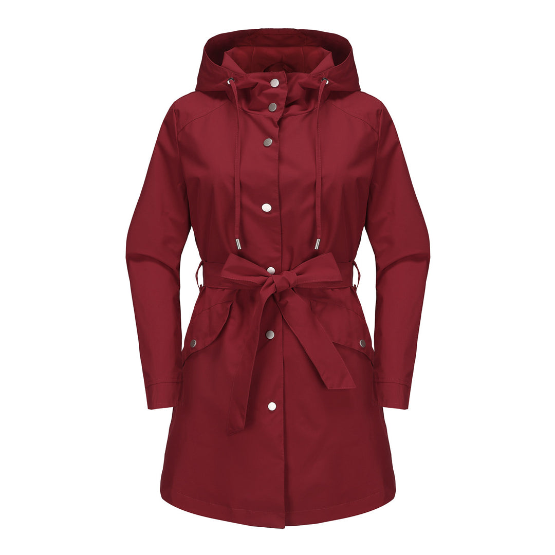 Damen wasserfeste Übergangsjacke mit verstellbarem Kapuzenkragen und Taillengürtel Drune