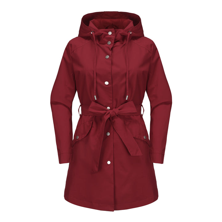 Damen wasserfeste Übergangsjacke mit verstellbarem Kapuzenkragen und Taillengürtel Drune