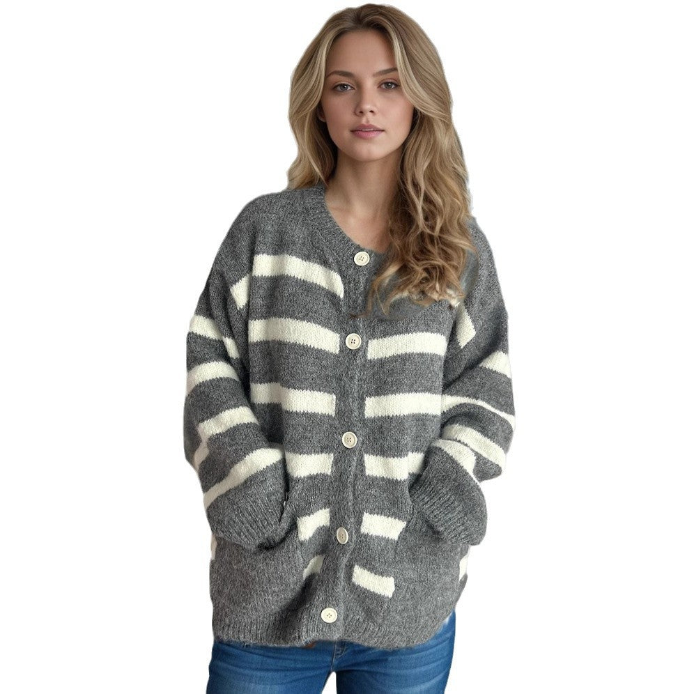 Damen Strickjacke mit dekorativen Knopfdetails und modischem Streifenmuster Drune