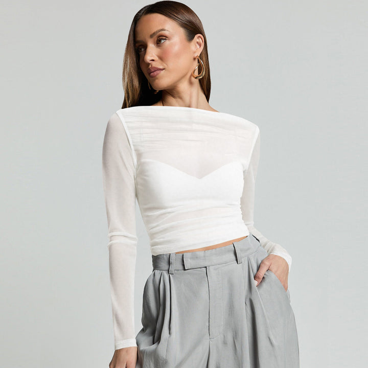 Damen Elegantes Langarmoberteil mit transparentem Mesh und Raffung Drune