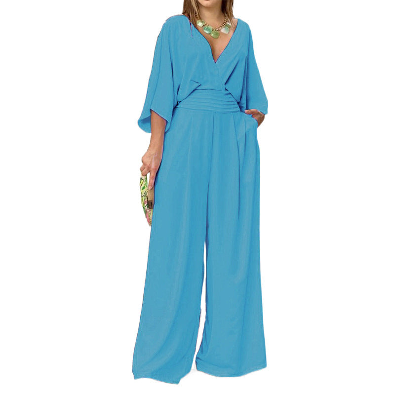 Damen Eleganter Jumpsuit mit weitem Bein und Wickeloberteil Drune