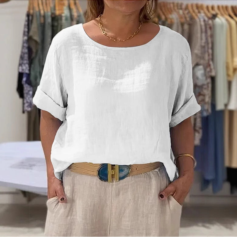 Damen lässige Leinenbluse mit umschlagbaren Ärmeln und weitem Schnitt Drune