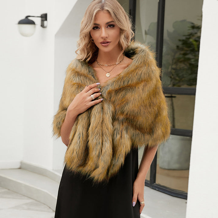 Damen Luxuriöser Kunstpelz-Cape mit flauschigem Kragen Drune