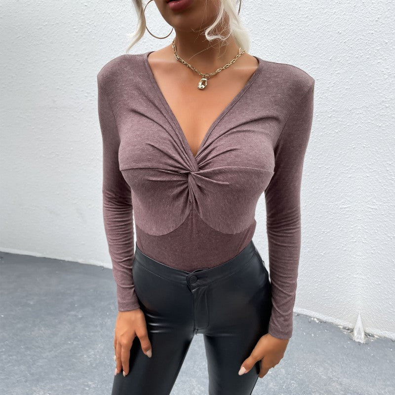 Damen figurbetontes Langarmbody mit elegantem Knotendetail Drune