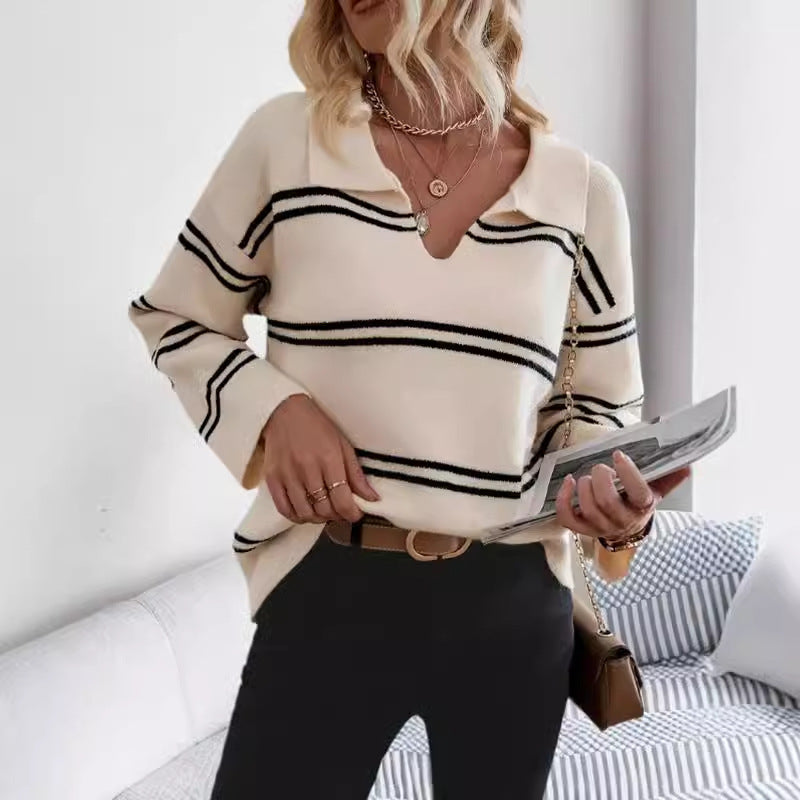 Damen Strickpullover mit V-Ausschnitt und Streifenmuster Drune