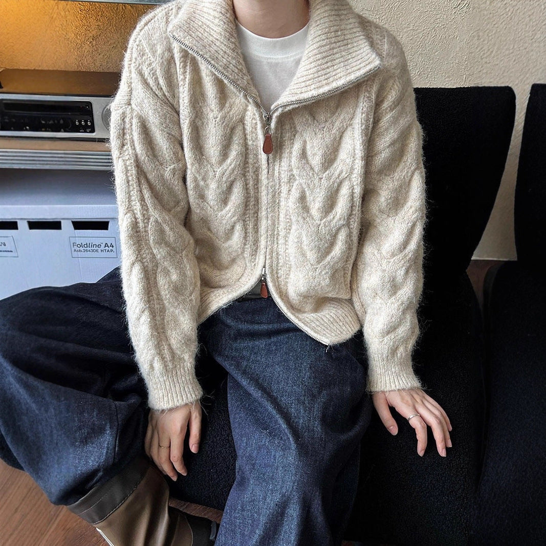 Damen Grobstrickjacke mit hohem Kragen und durchgehendem Reißverschluss Drune