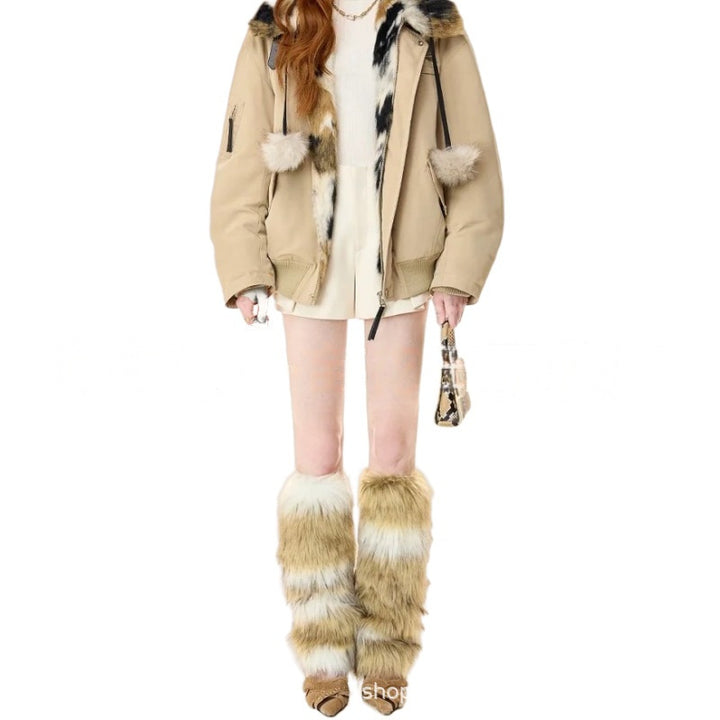 Damen modische Winterjacke mit luxuriösem Fellkragen und Kängurutasche Drune