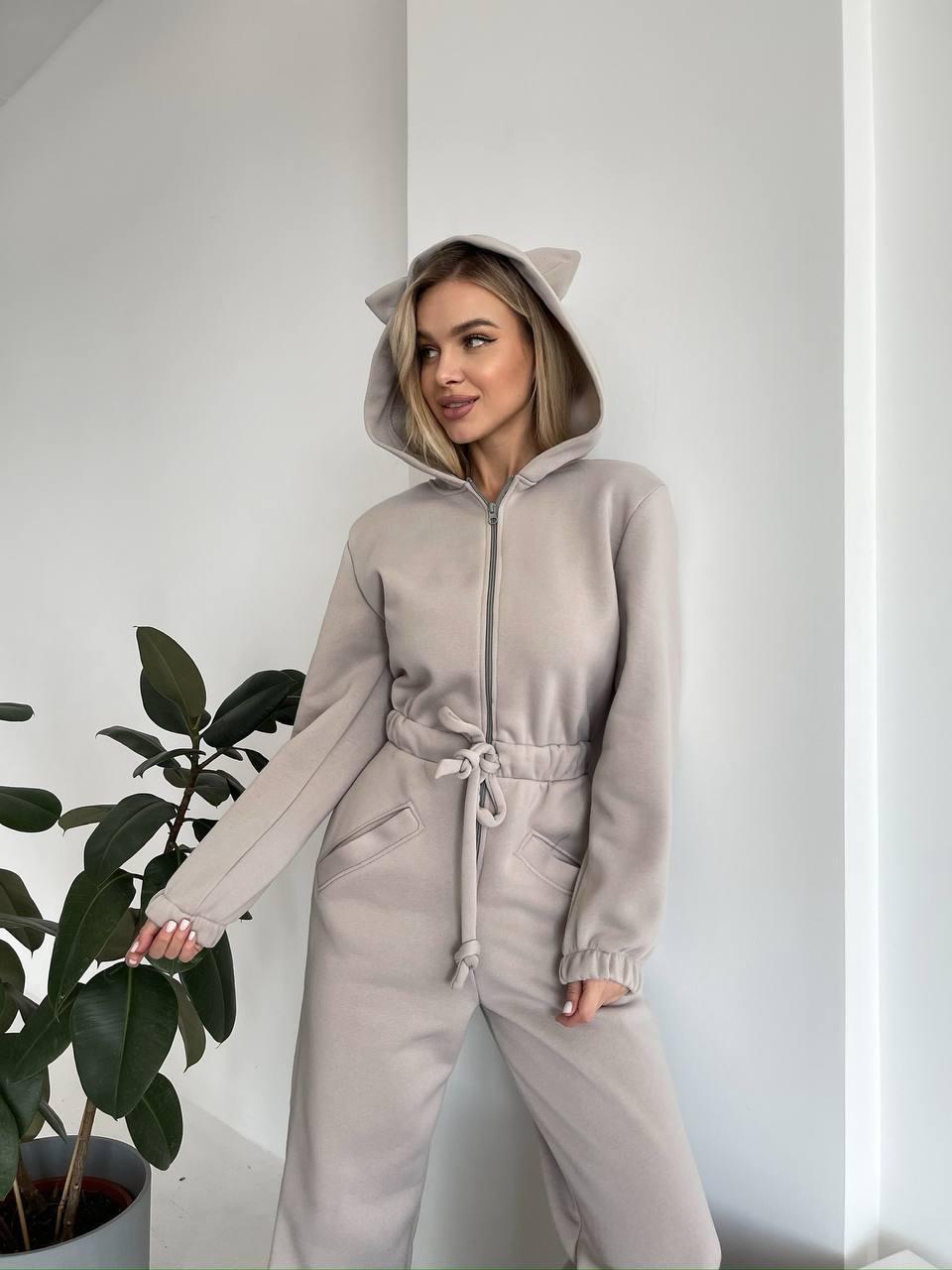 Damen Kuscheliger Jumpsuit mit Känguru-Taschen und Tierohren Drune