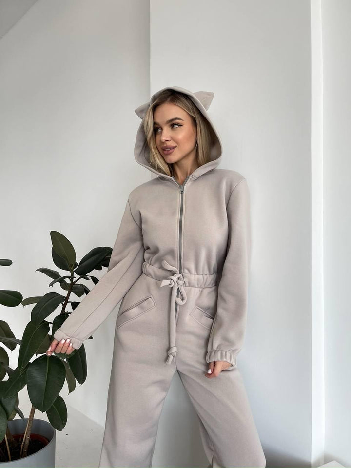 Damen Kuscheliger Jumpsuit mit Känguru-Taschen und Tierohren Drune