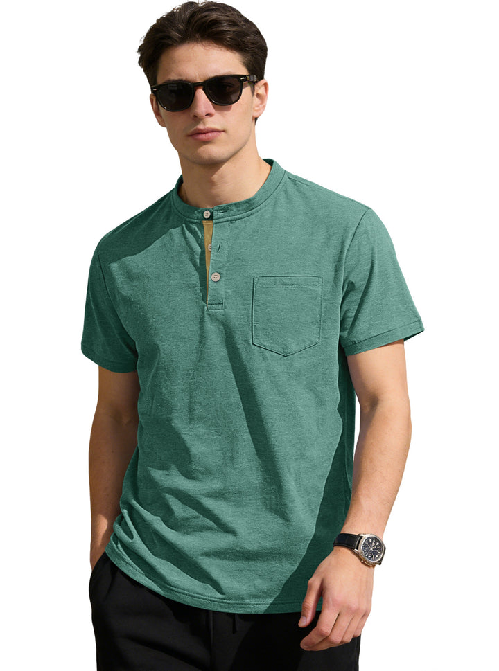 Herren nan strukturiertes Baumwoll-Henleyshirt mit kurzem Stehkragen Knopfleiste und Brusttasche Drune
