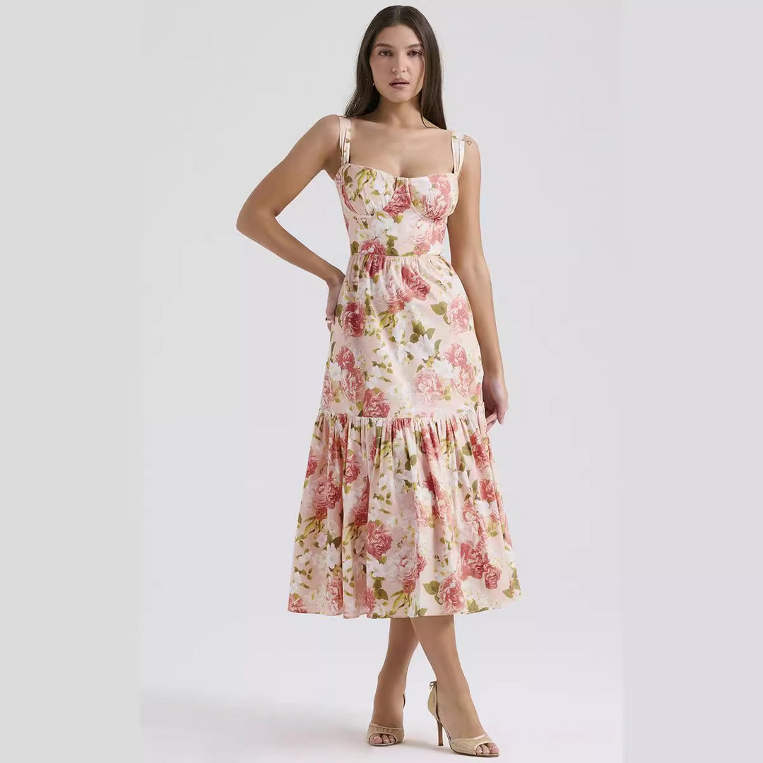 Damen Floral gemustertes Maxikleid mit tailliertem Oberteil und Volantrock Drune