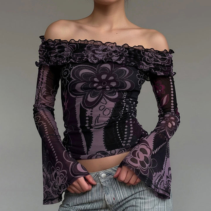 Damen Off-Shoulder Oberteil mit voluminösen Ärmeln und floralem Muster Drune