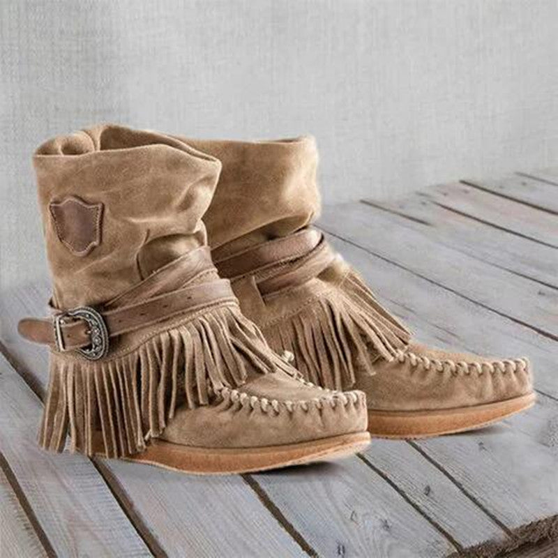 Damen nan Mokassin-Stiefelette mit Fransen, dekorativer Zierschnalle und handgenähter Mokassin-Naht Drune