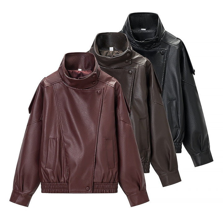 Damen modische Kunstlederjacke mit hohem Kragen und praktischen Taschen Drune