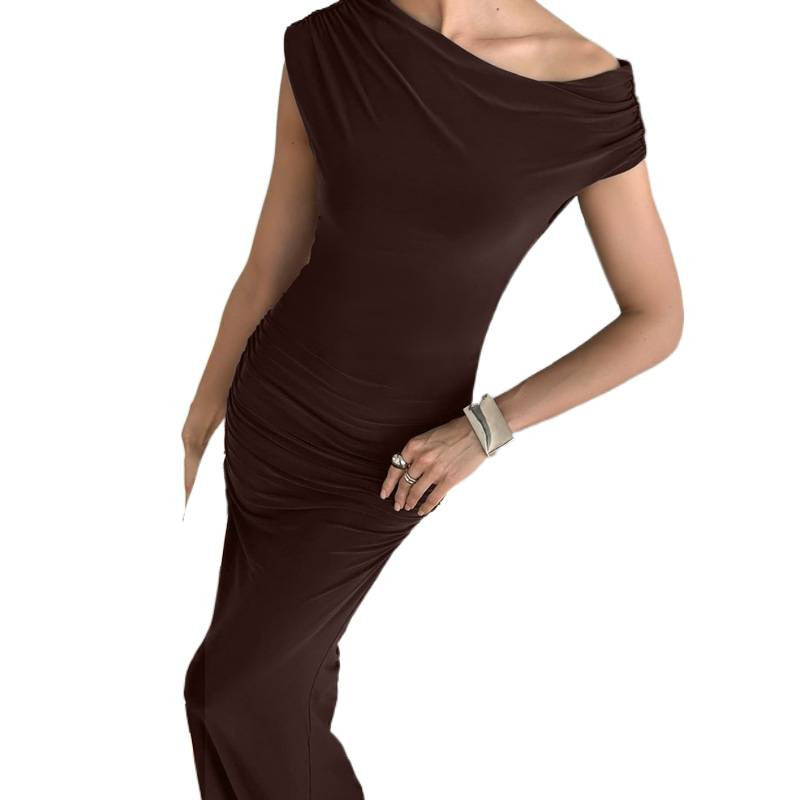 Damen Elegantes Maxikleid mit asymmetrischem Ausschnitt und Raffungen Drune