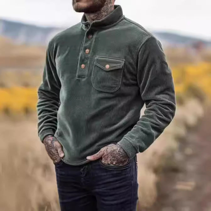 Herren Warmhaltendes Kord-Pullover mit Knopfleiste und Brusttasche Drune