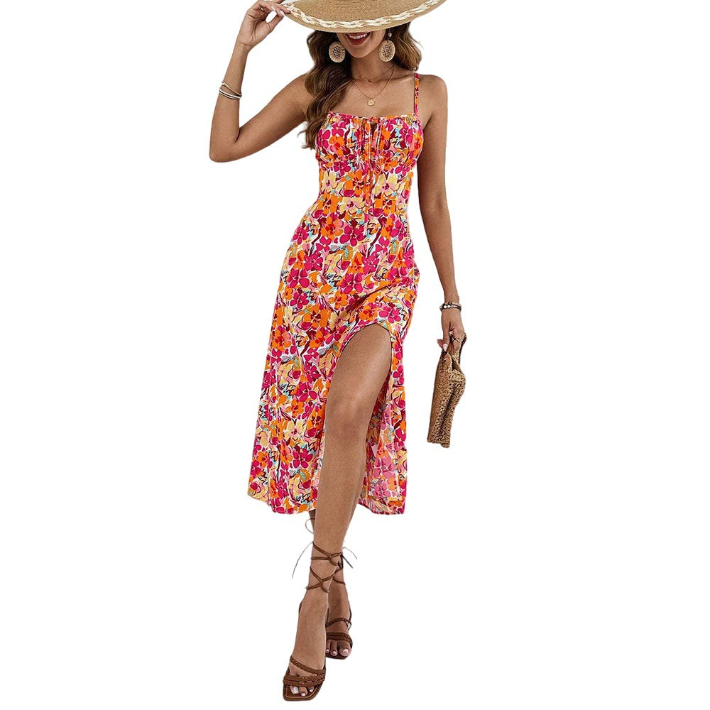 Damen Midi-Blumen-Kleid mit seitlichem Schlitz und Spaghettiträgern Drune