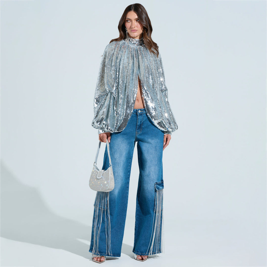 Damen Cargo-Jeans mit Glitzerfransen und tiefen Seitentaschen Drune