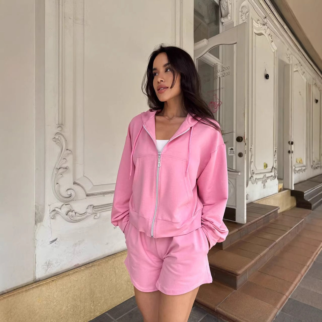 Damen lässiges Sport-Set mit kapuze und kurzer Hose Drune