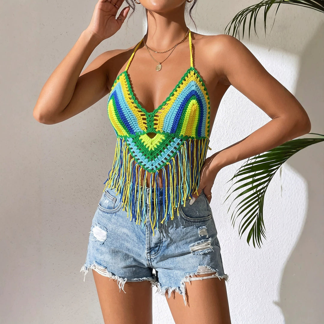 Damen gehäkeltes Crop-Top mit Fransen Drune