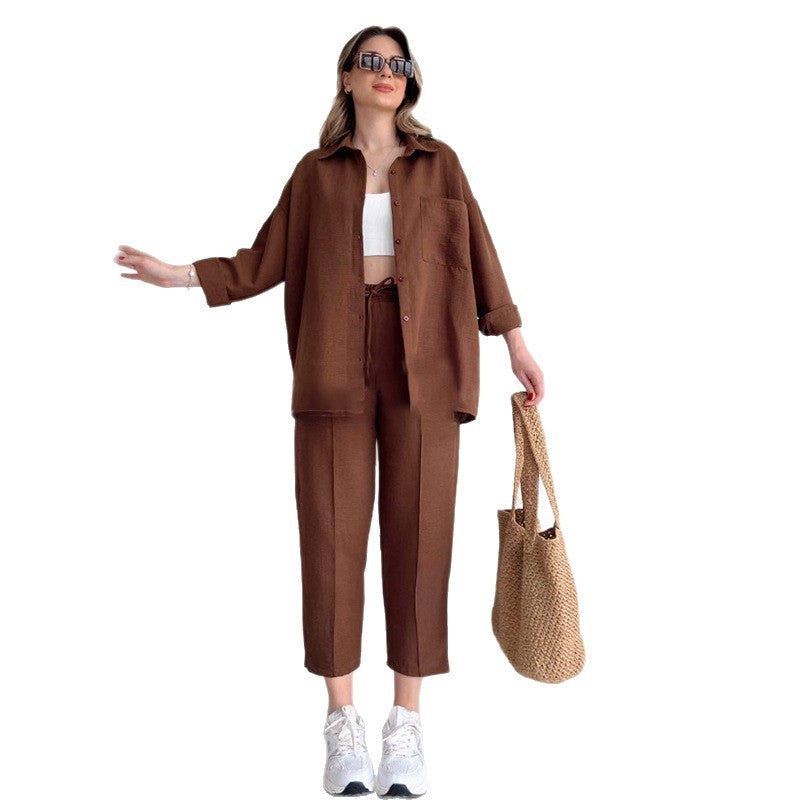 Damen lässiges Zweiteiliges Set aus übergroßem Hemd und bequemen Hosen Drune