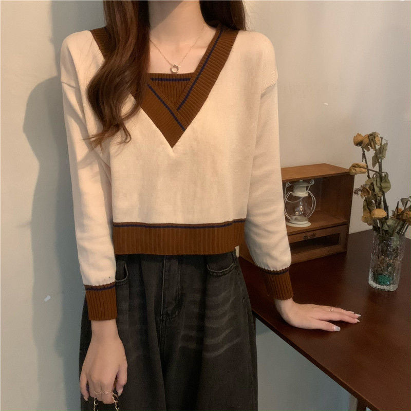 Damen modischer V-Ausschnitt Pullover mit Kontrastdetails Drune