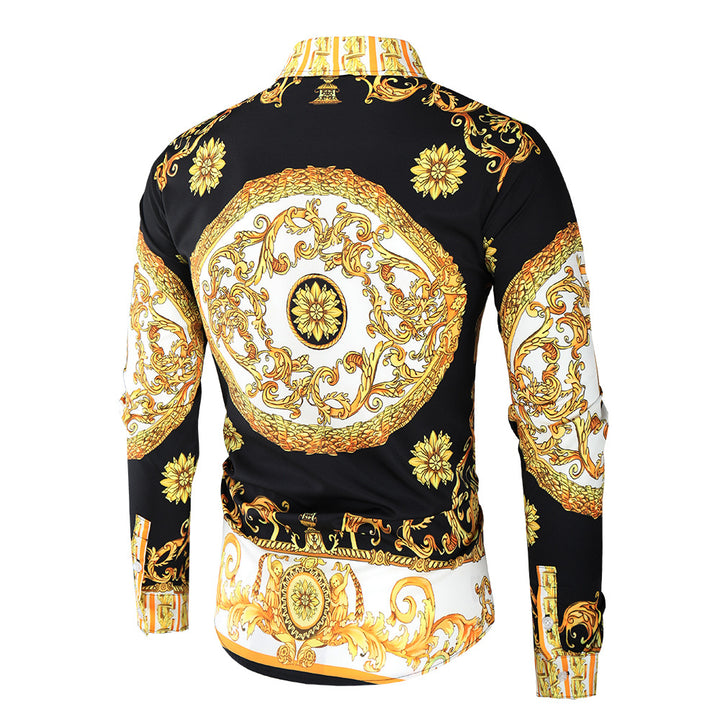 Herren nan barockes Langarm-Hemd mit ornamentalem Druck, Kentkragen und tailliertem Schnitt Drune