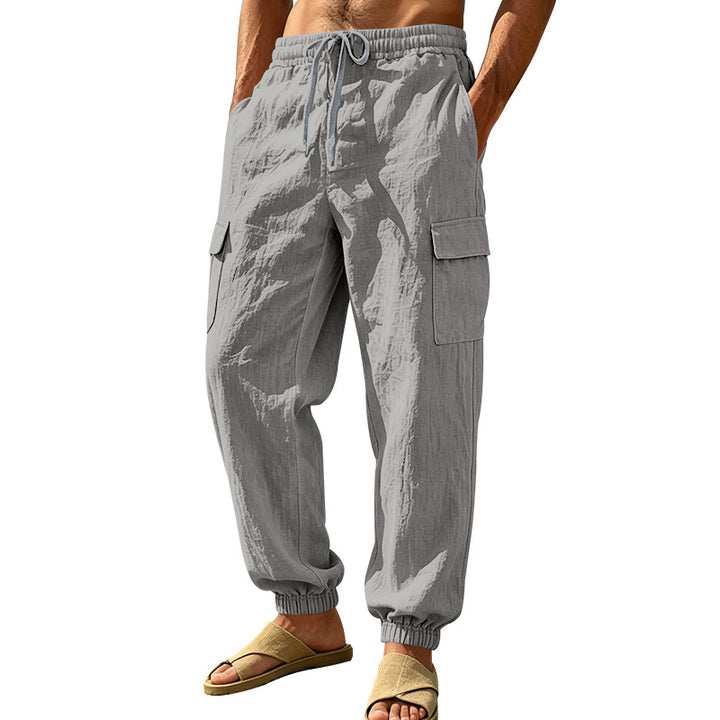 Herren nan leichte Cargo-Joggerhose aus Leinenmischung mit elastischem Tunnelzugbund, aufgesetzten Klappentaschen und gerippten Beinabschlüssen Drune