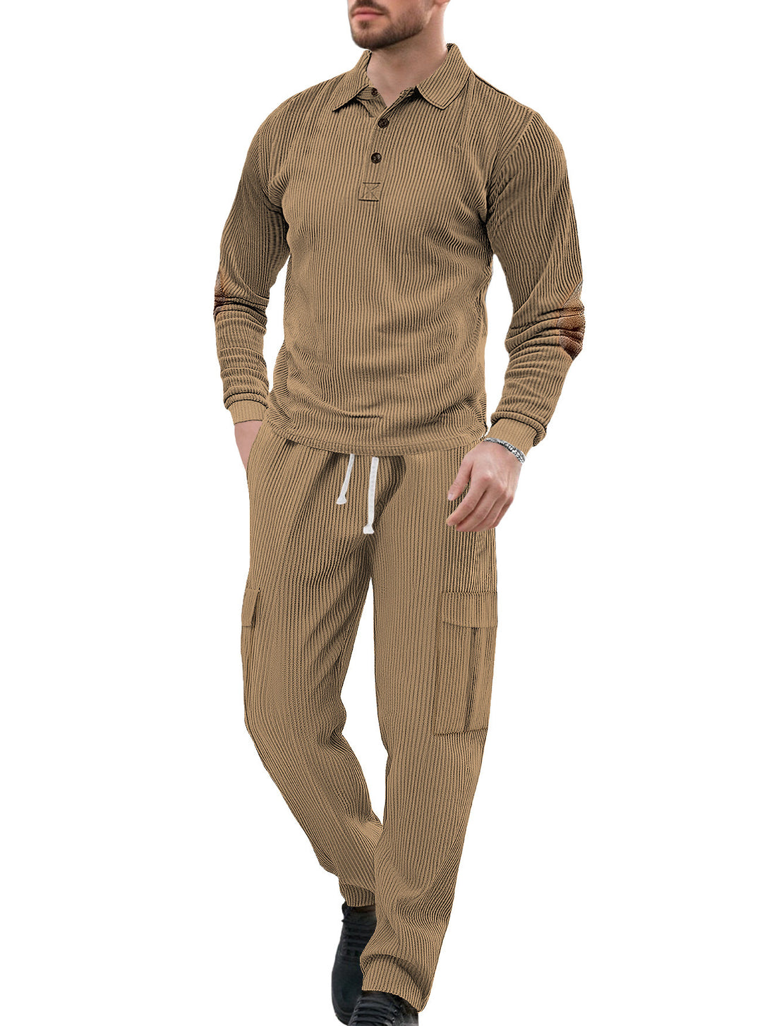 Herren nan geripptes Lounge-Set mit Polokragen Ellenbogenpatches und Cargohose Drune