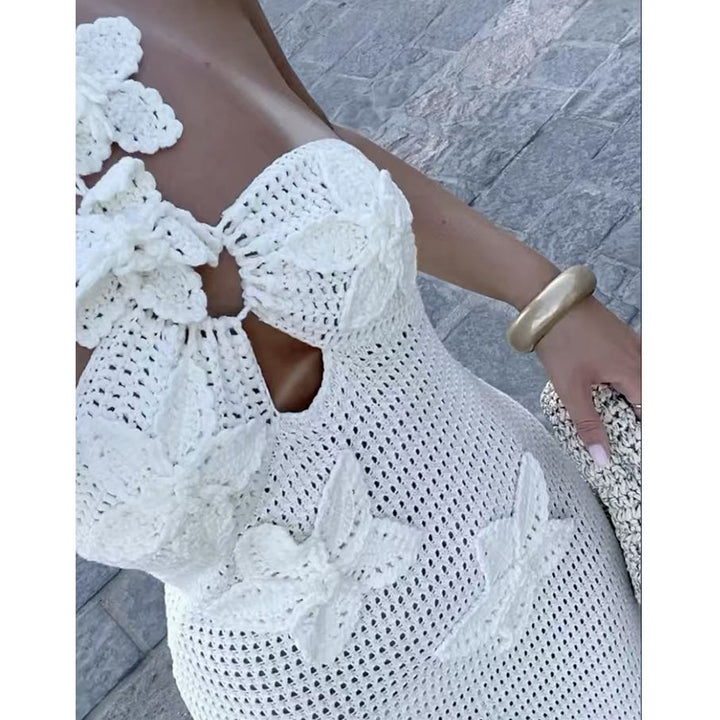 Damen Häkel-Maxikleid mit floralem Ausschnitt Drune