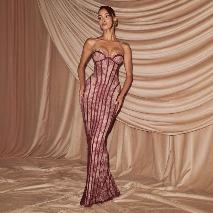 Damen figurbetontes Spitzenkleid mit Bustier-Oberteil und eleganten Details Drune