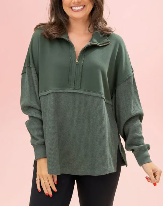 Damen lässiger Pullover mit halbem Reißverschluss und voluminösen Ärmeln Drune