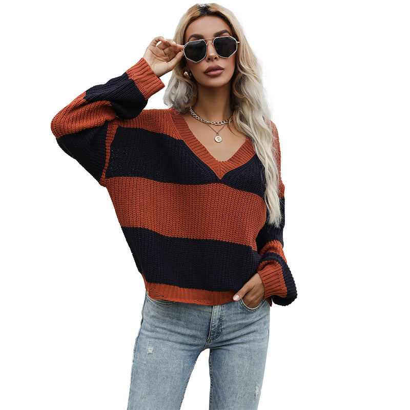 Damen Oversized Strickpullover mit V-Ausschnitt und Blockstreifen Drune