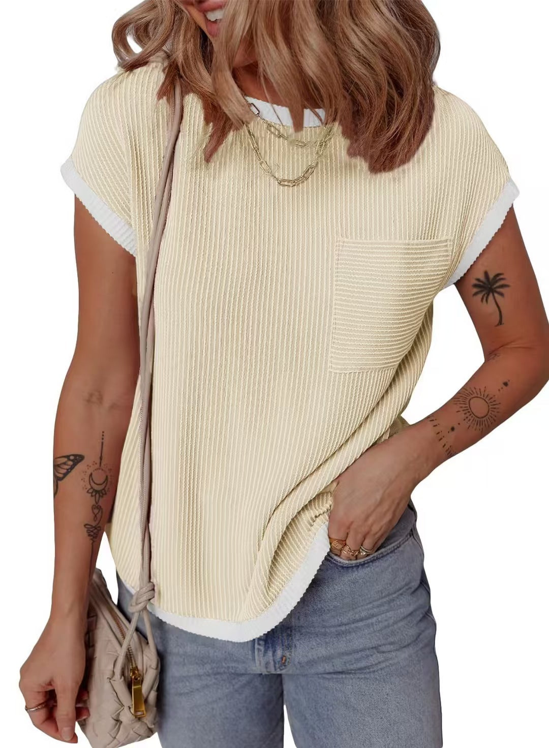 Damen modisches T-Shirt mit strukturiertem Material und Brusttasche Drune