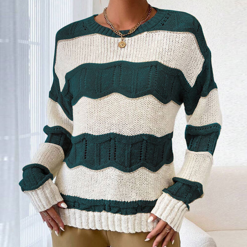Damen lässiger Strickpullover mit Wellenstruktur und langen Ärmeln Drune