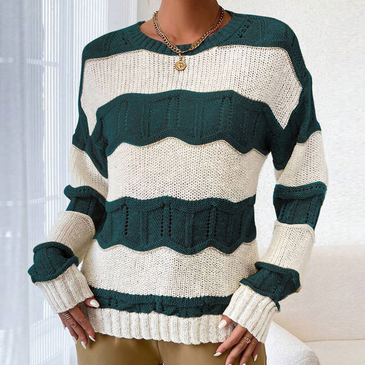 Damen lässiger Strickpullover mit Wellenstruktur und langen Ärmeln Drune