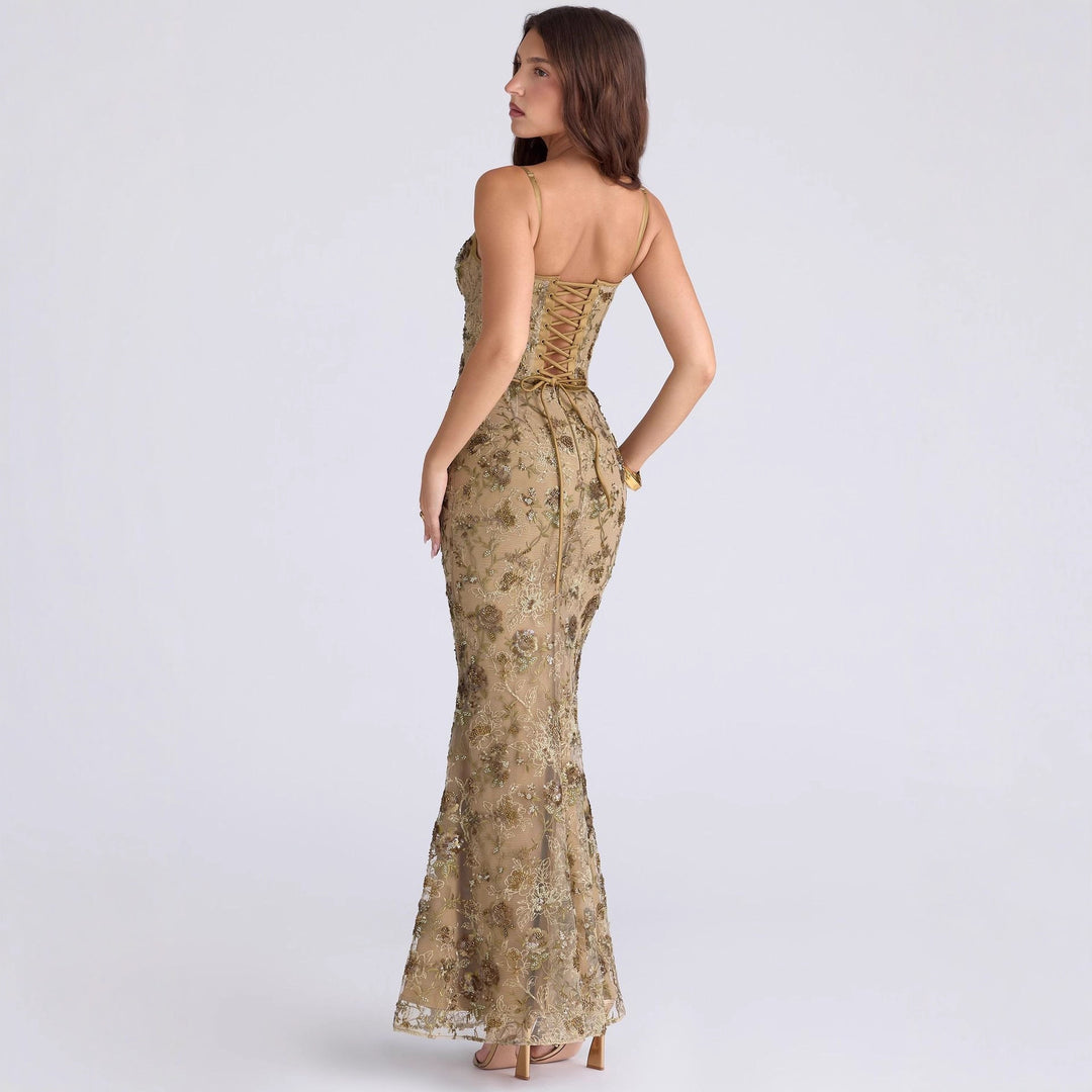 Damen nan besticktes Corsagenabendkleid mit transparenter Spitze und figurbetonter Silhouette Drune