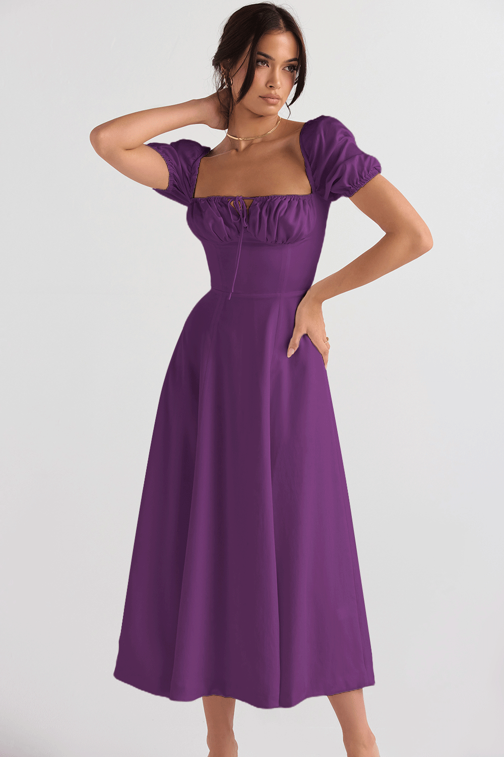 Damen Elegantes Midikleid mit Puffärmeln und raffiniertem Ausschnitt Drune