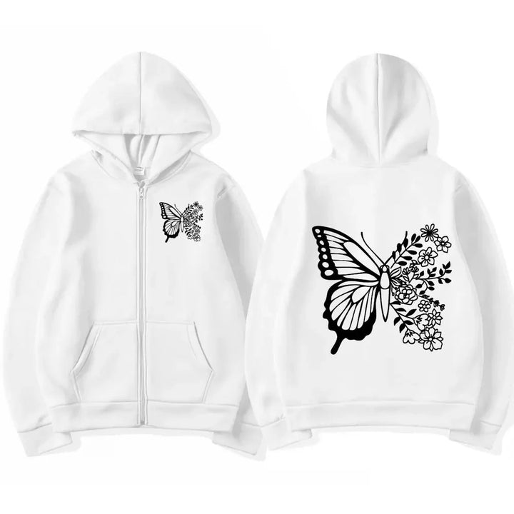 Damen Kapuzenpullover mit floralem Schmetterlingsmotiv und praktischer Kängurutasche Drune