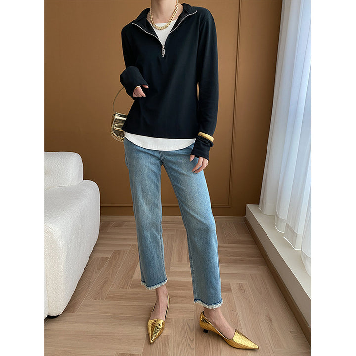 Damen hochgeschlossener Pullover mit Reißverschluss Drune