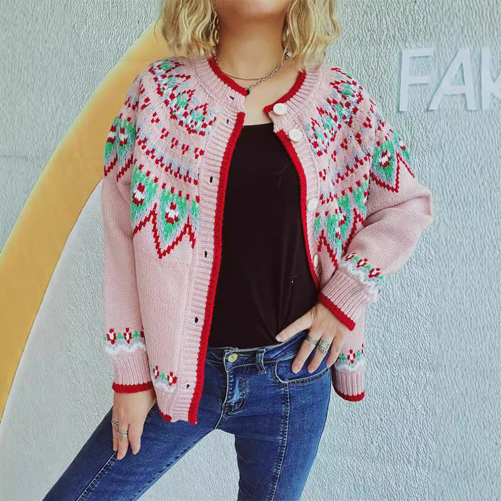 Damen Strickjacke mit festlichem Norweger-Muster und umschläglicher Knopfleiste Drune