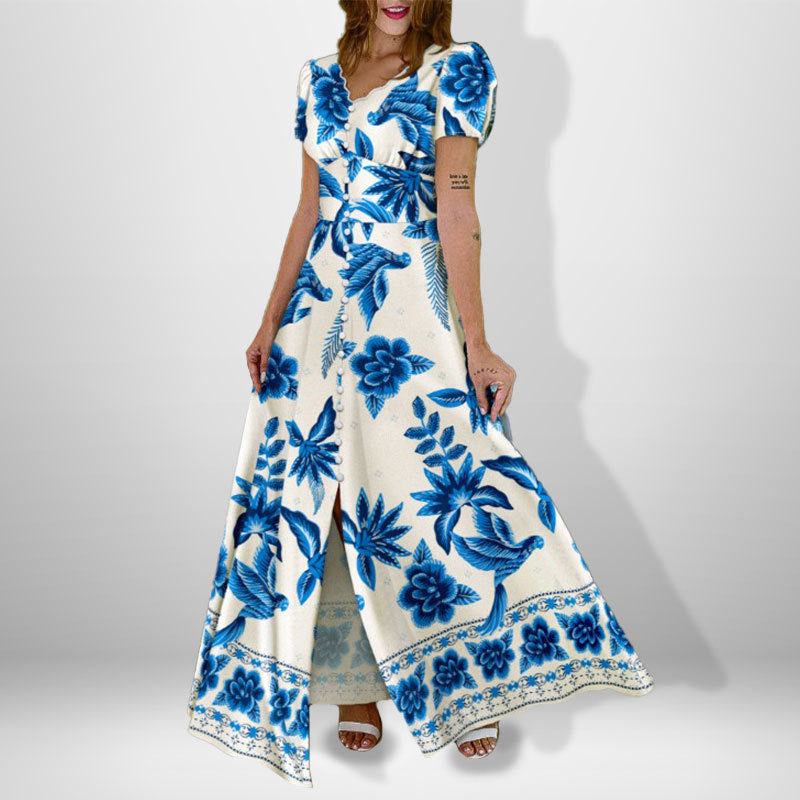 Damen Maxikleid mit floralem Wickel-Design und knöpfbarem Oberteil Drune