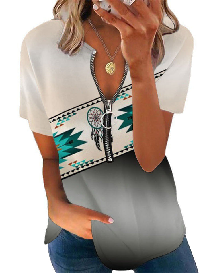 Damen T-Shirt mit Reißverschluss und Musterdetails Drune