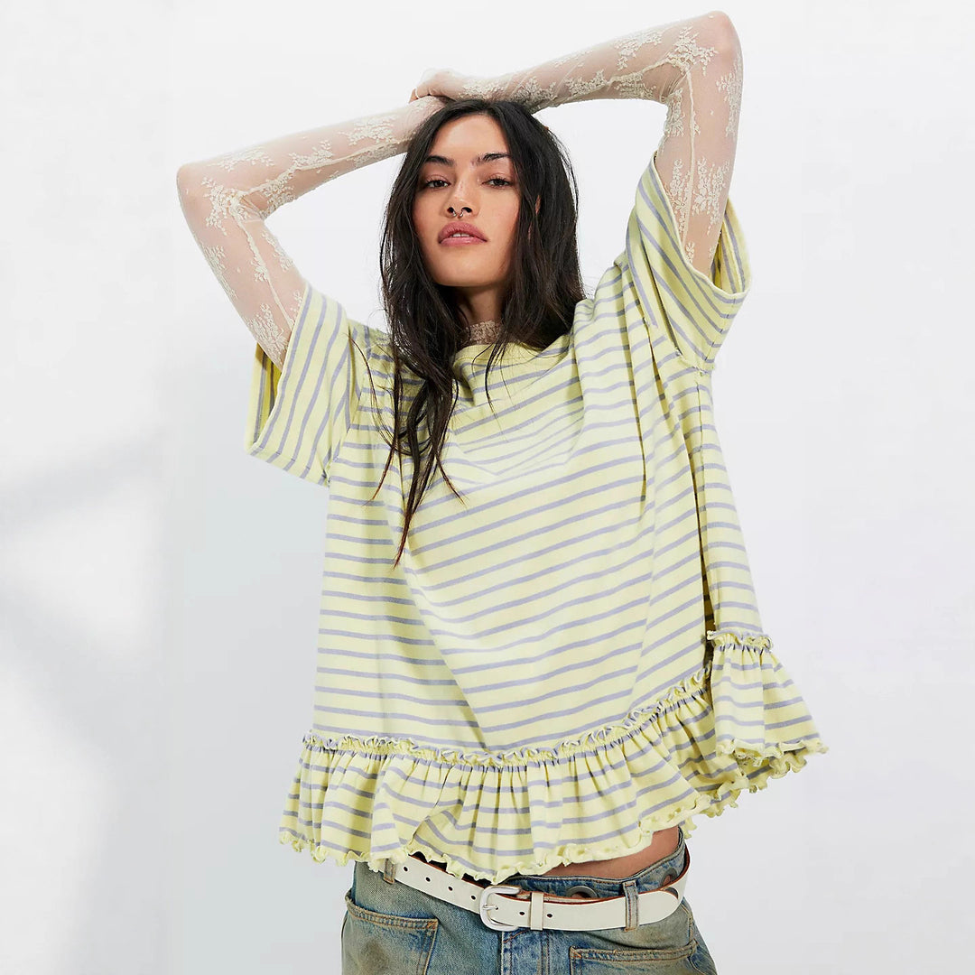 Damen Oversized gestreiftes T-Shirt mit Rüschendetail Drune