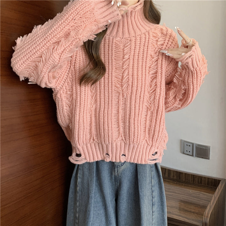 Damen Grobstrickpullover mit hohem Kragen und fransigen Designelementen Drune