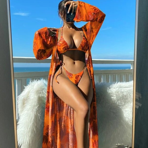 Damen Bikini-Set mit transparentem Kaftan und floralem Design Drune