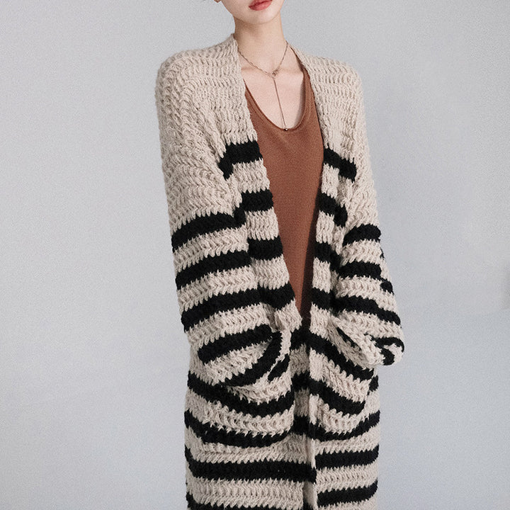 Damen lässige Strickjacke mit breiten Streifen und Taschen Drune